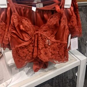 Lace Trim Satin Bra - Rust